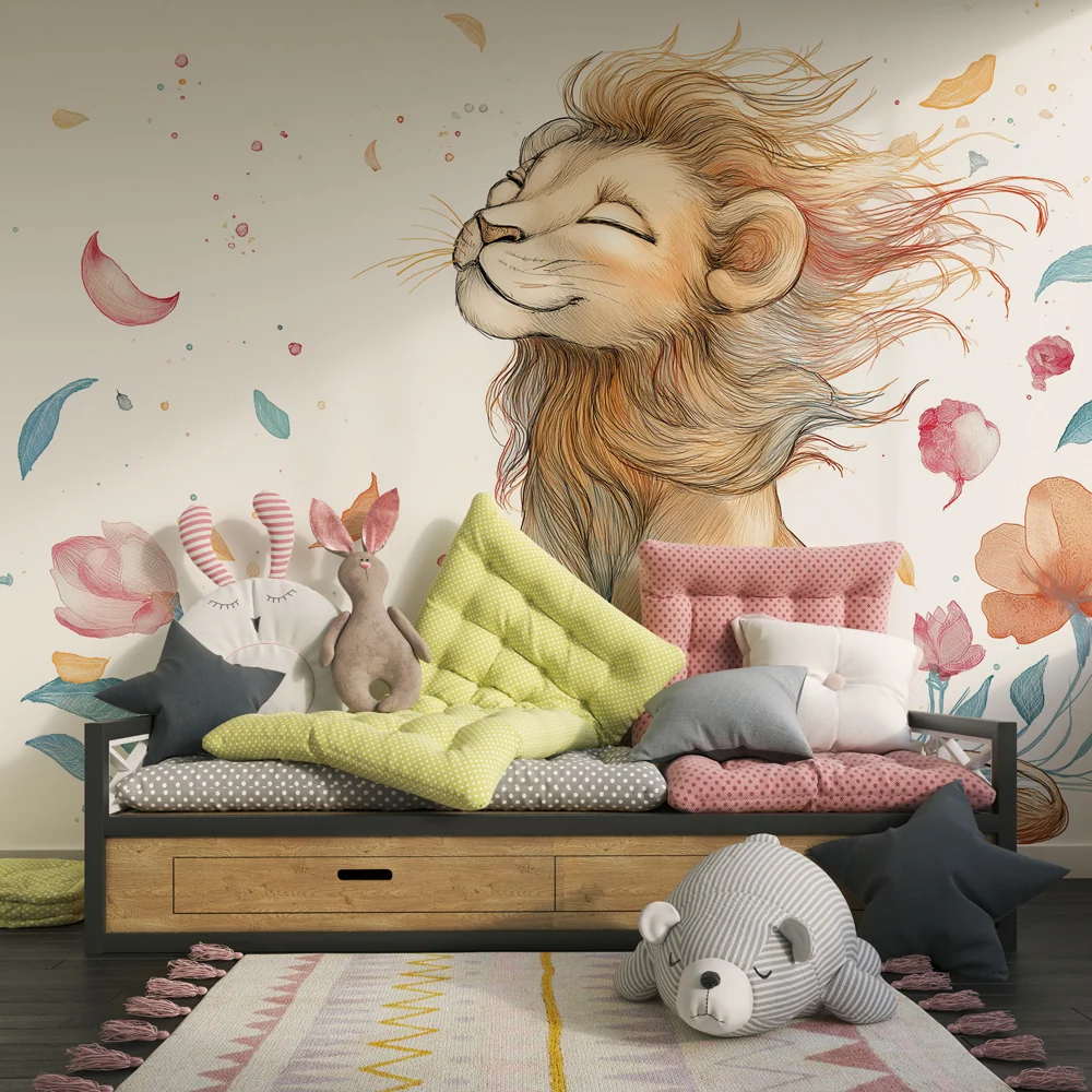 Papel de parede crianç | Leão feliz no meio das flores