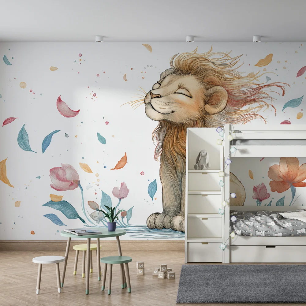 Papel de parede crianç | Leão feliz no meio das flores