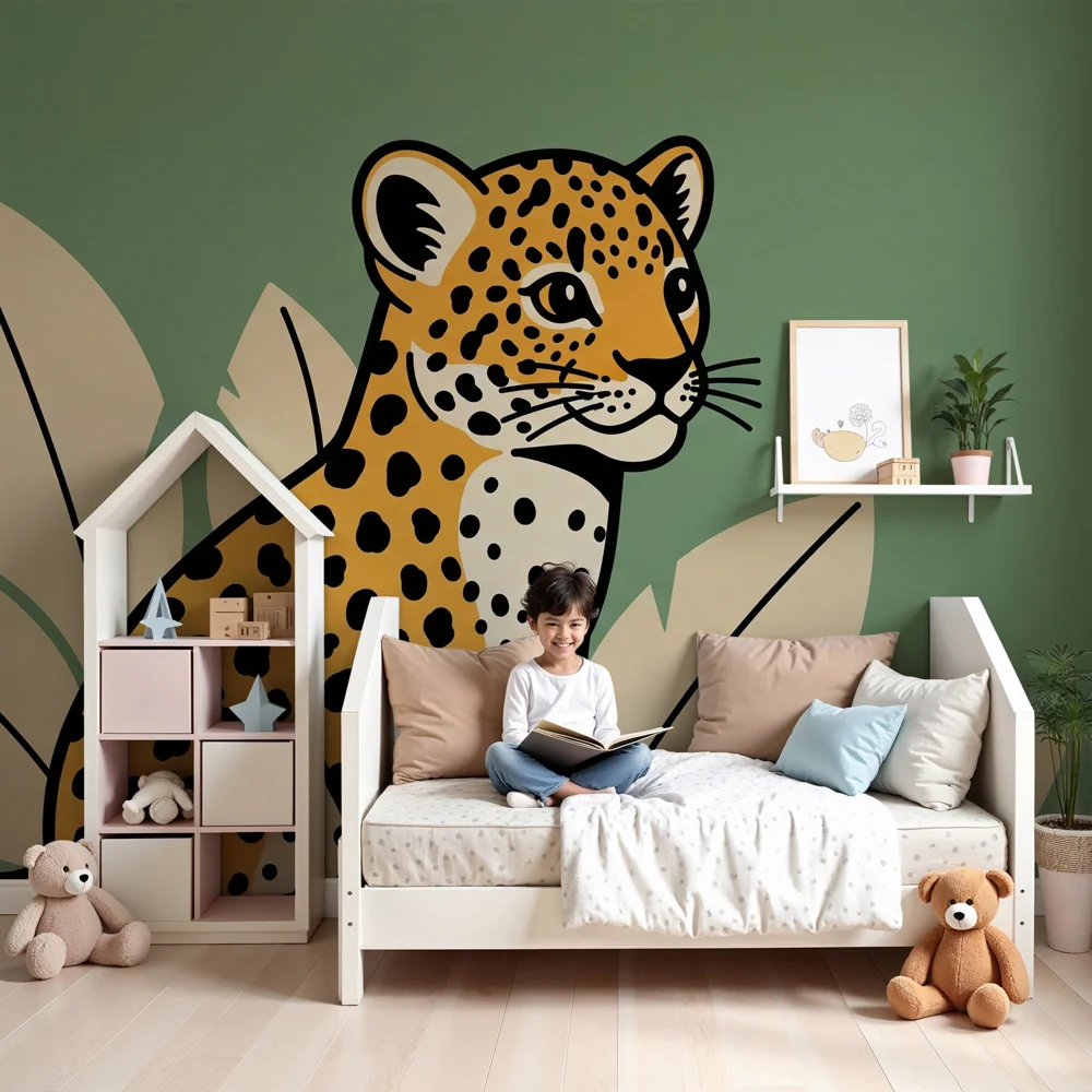 Papel de parede crianç | Leopar stilizat și frunziș tropical