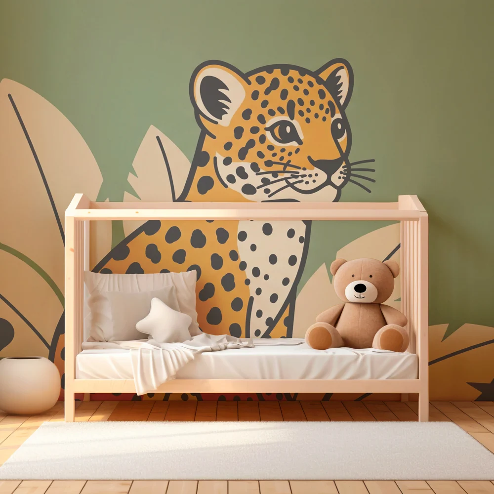 Papel de parede crianç | Leopar stilizat și frunziș tropical