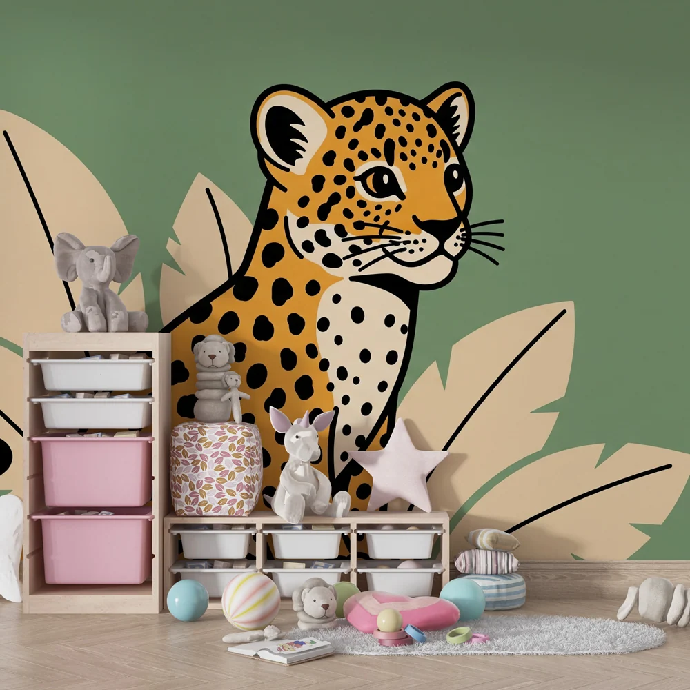 Papel de parede crianç | Leopar stilizat și frunziș tropical