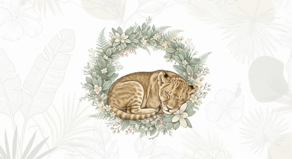 Papel de parede crianç | Leãozinho dormindo em um quadro floral