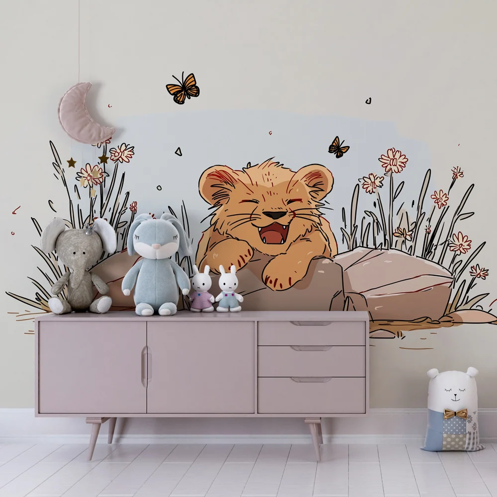 Papel de parede crianç | Leãozinho feliz no meio das flores