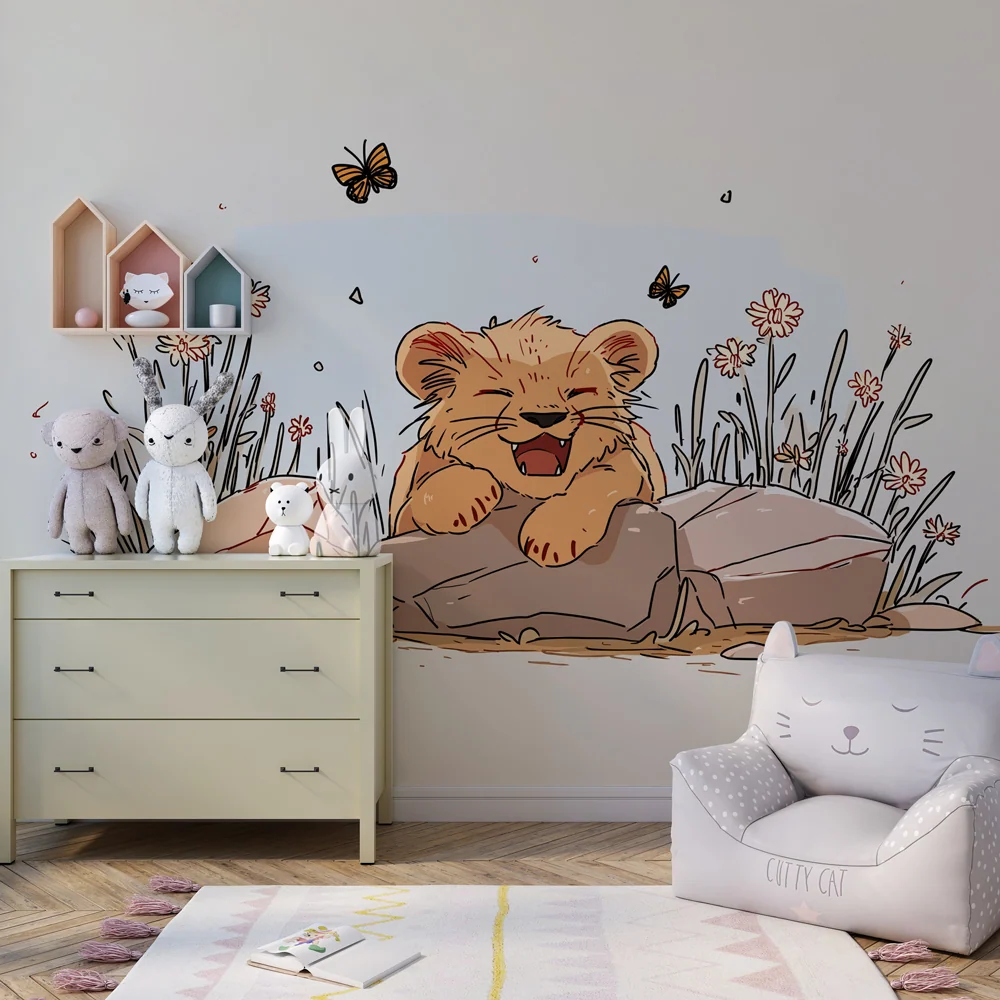 Papel de parede crianç | Leãozinho feliz no meio das flores