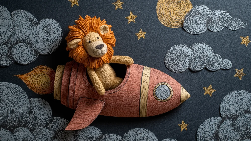 Papel de parede crianç | Leu astronaut într-o rachetă printre nori și stele