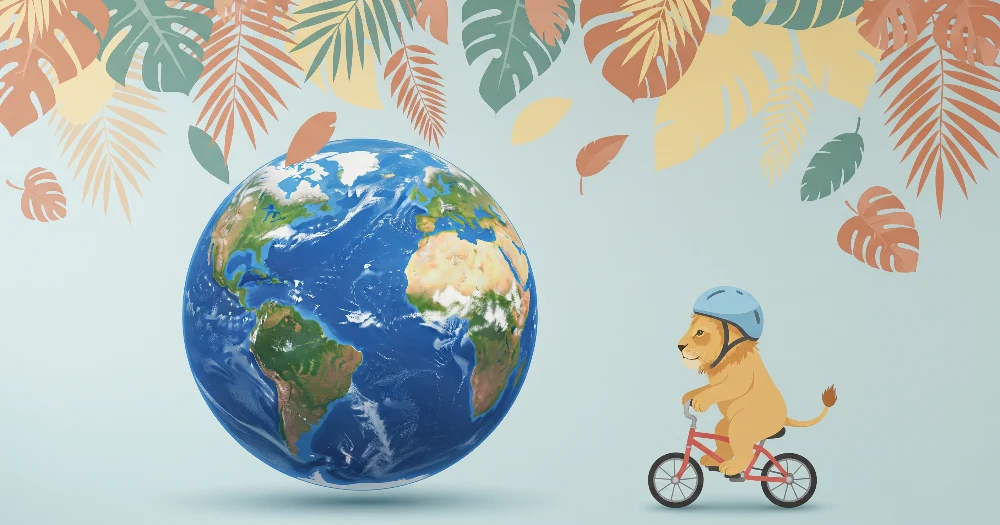Papel de parede crianç | Leu aventurier pe bicicletă în jurul lumii