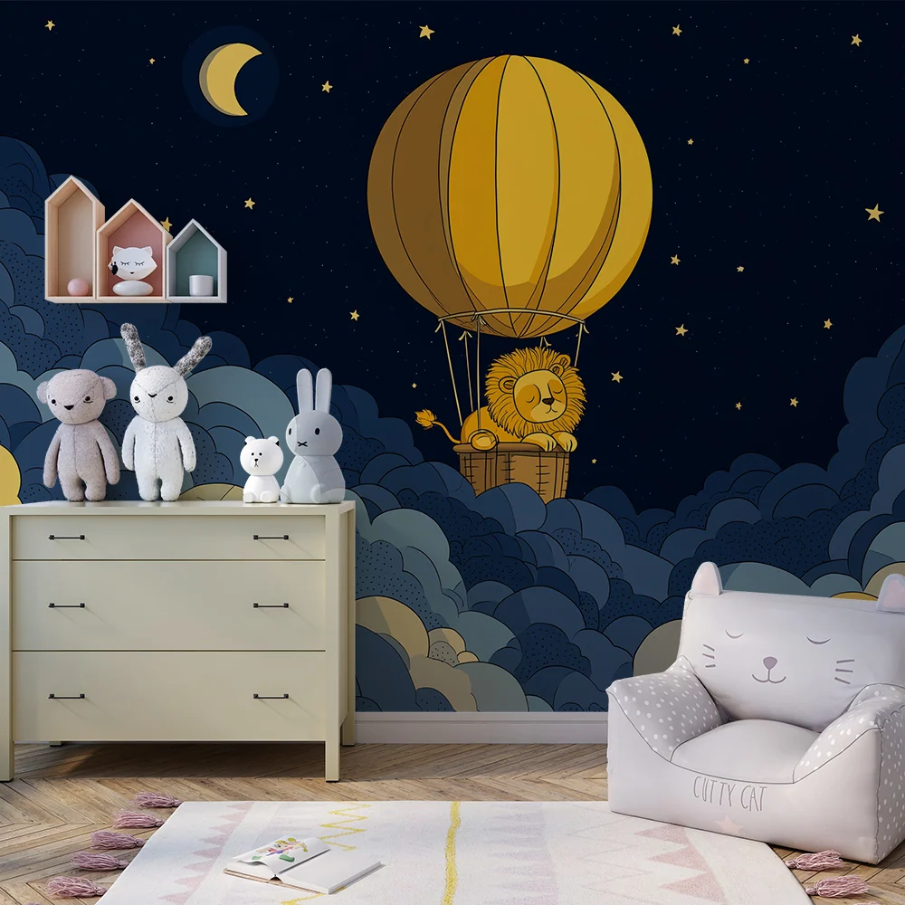 Papel de parede crianç | Leu visător într-un balon în mijlocul norilor stelari
