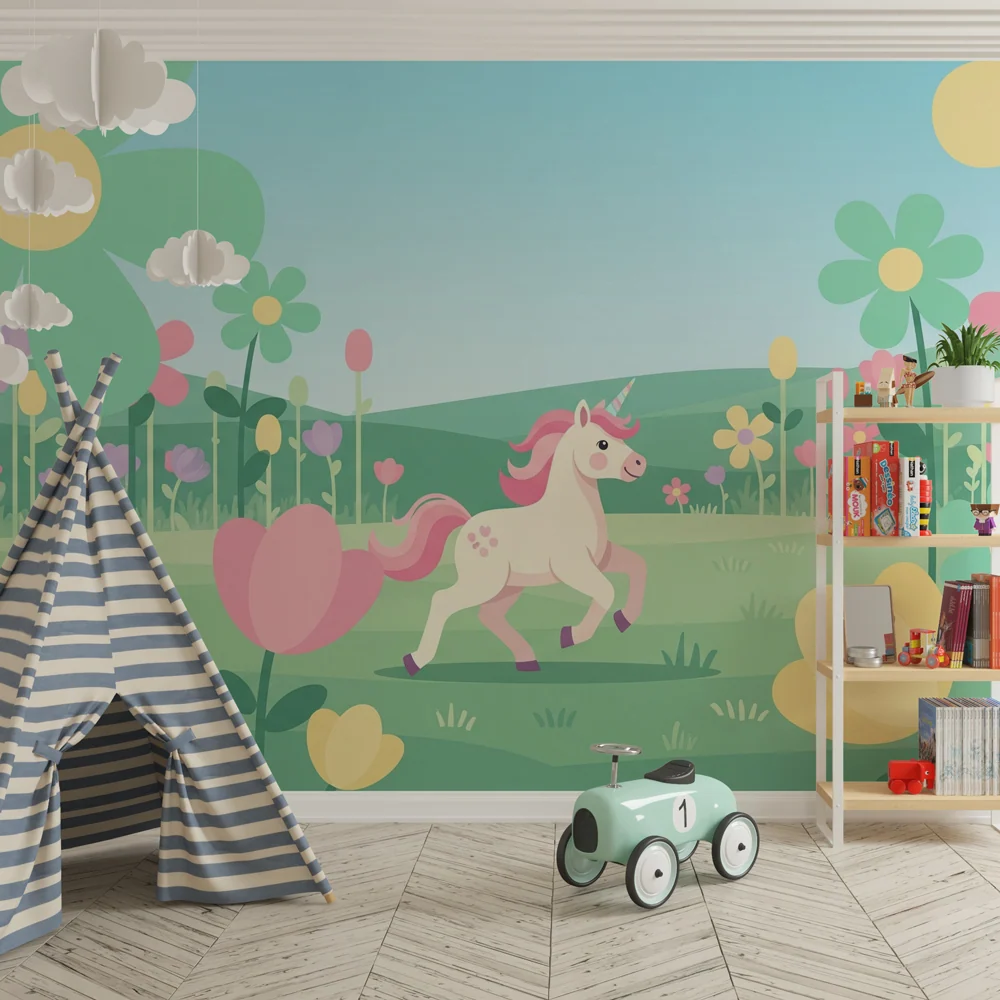 Papel de parede crianç | Licorne într-o grădină înflorită