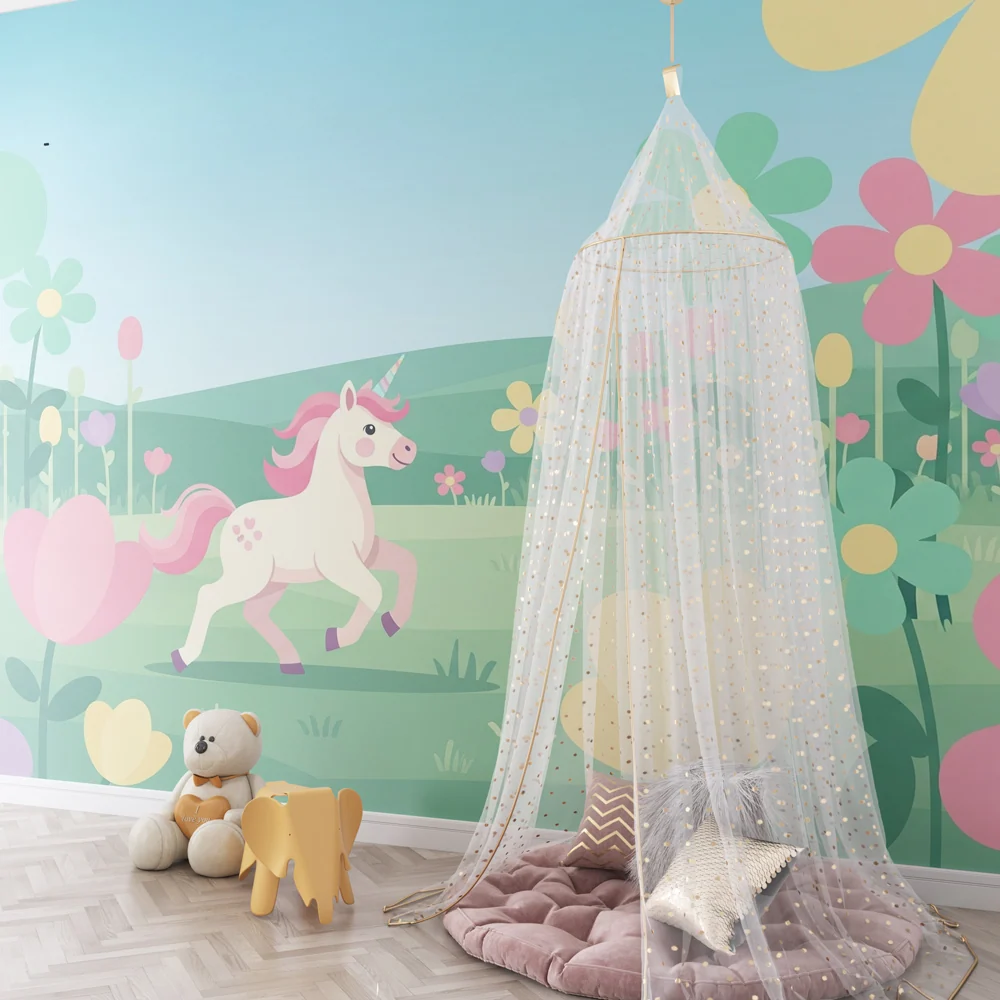 Papel de parede crianç | Licorne într-o grădină înflorită