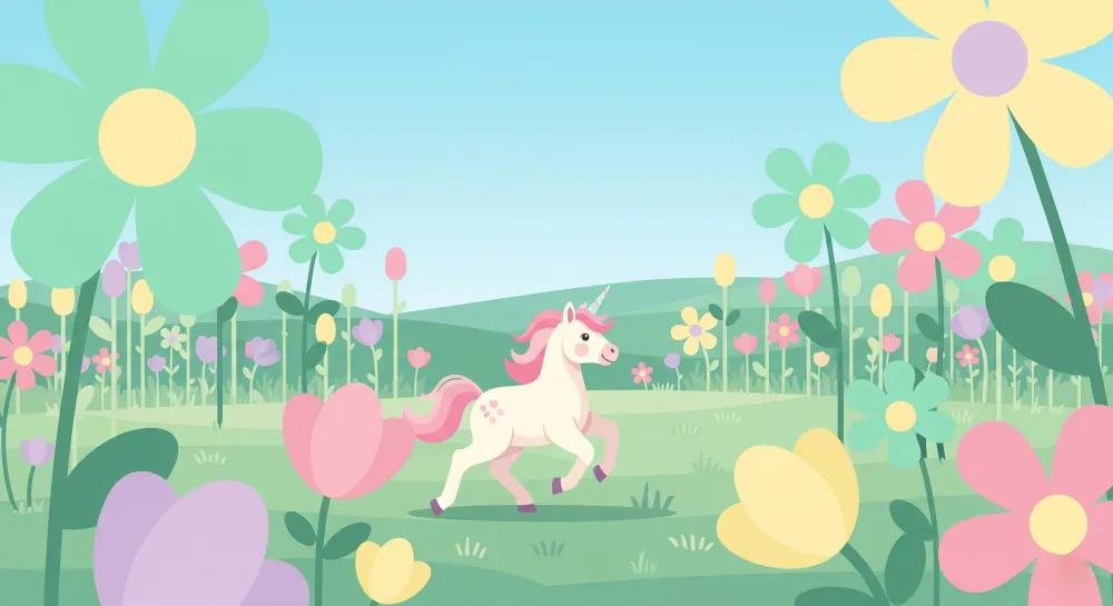 Papel de parede crianç | Licorne într-o grădină înflorită