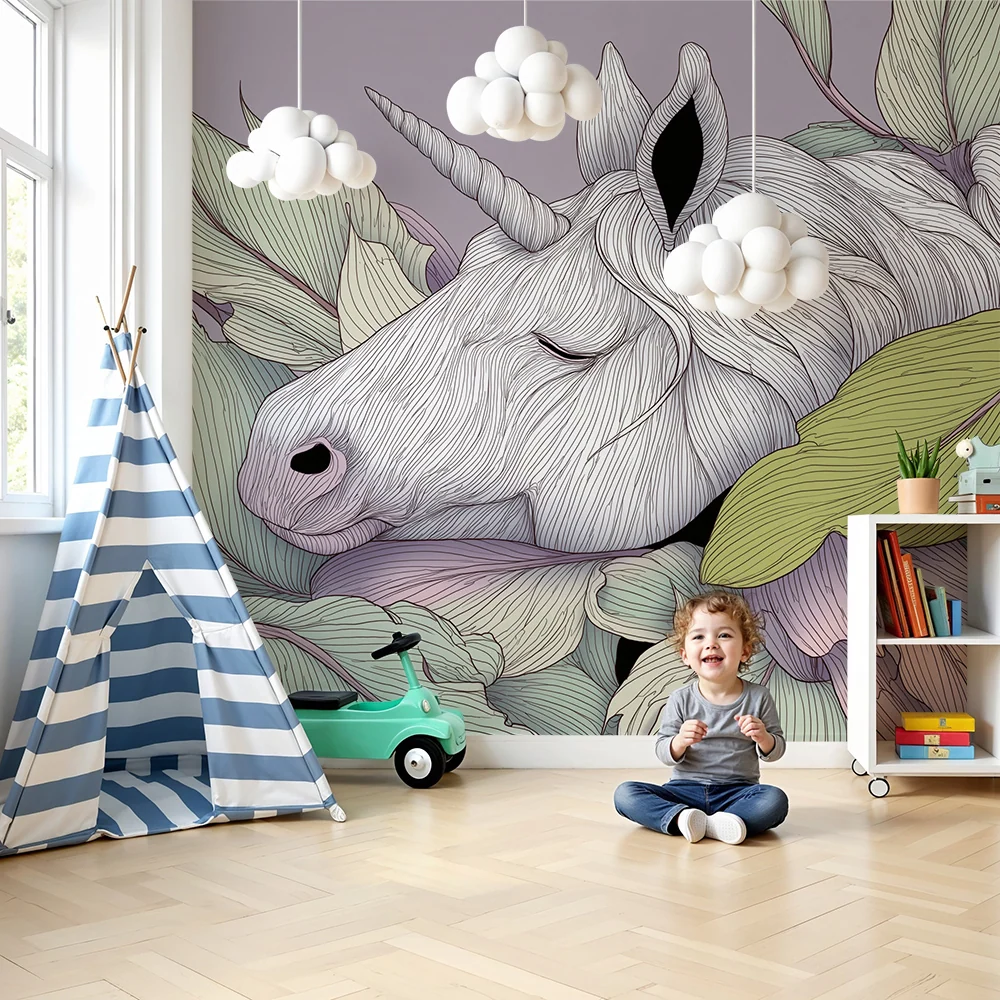 Papel de parede crianç | Licorne pașnică înconjurată de frunze pastel
