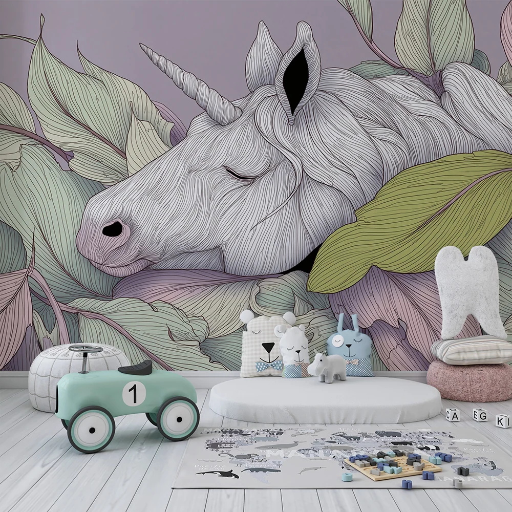 Papel de parede crianç | Licorne pașnică înconjurată de frunze pastel