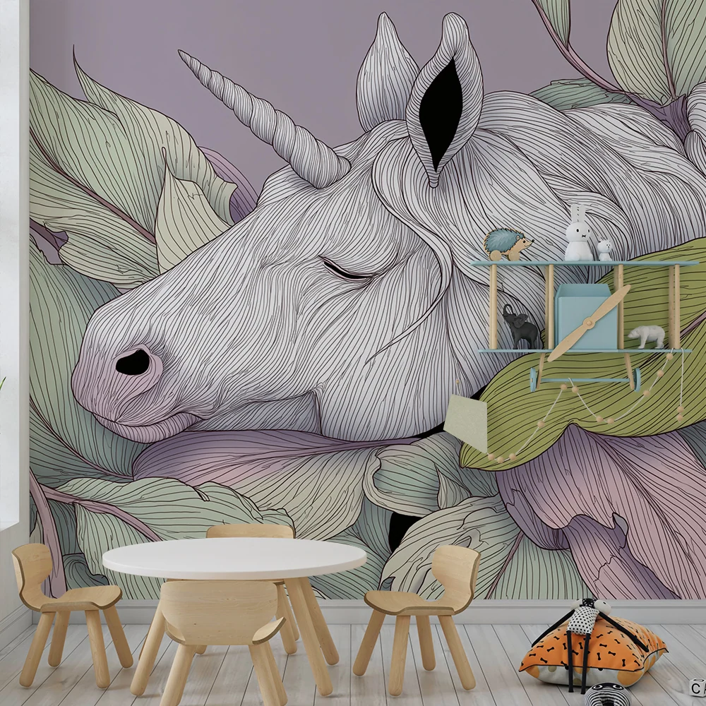 Papel de parede crianç | Licorne pașnică înconjurată de frunze pastel