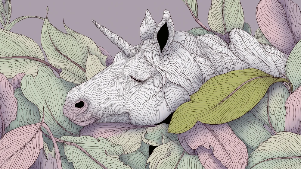 Papel de parede crianç | Licorne pașnică înconjurată de frunze pastel