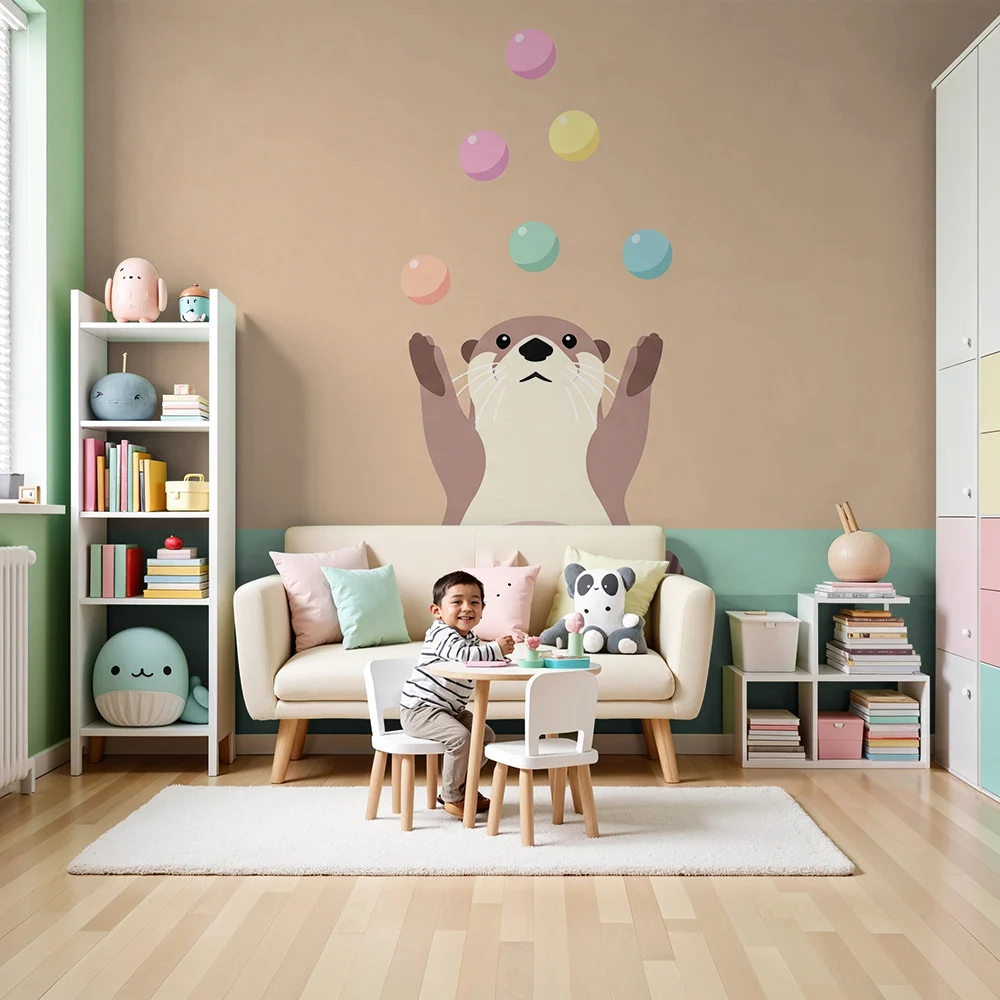 Papel de parede crianç | Lontra divertida malabarista com bolhas coloridas