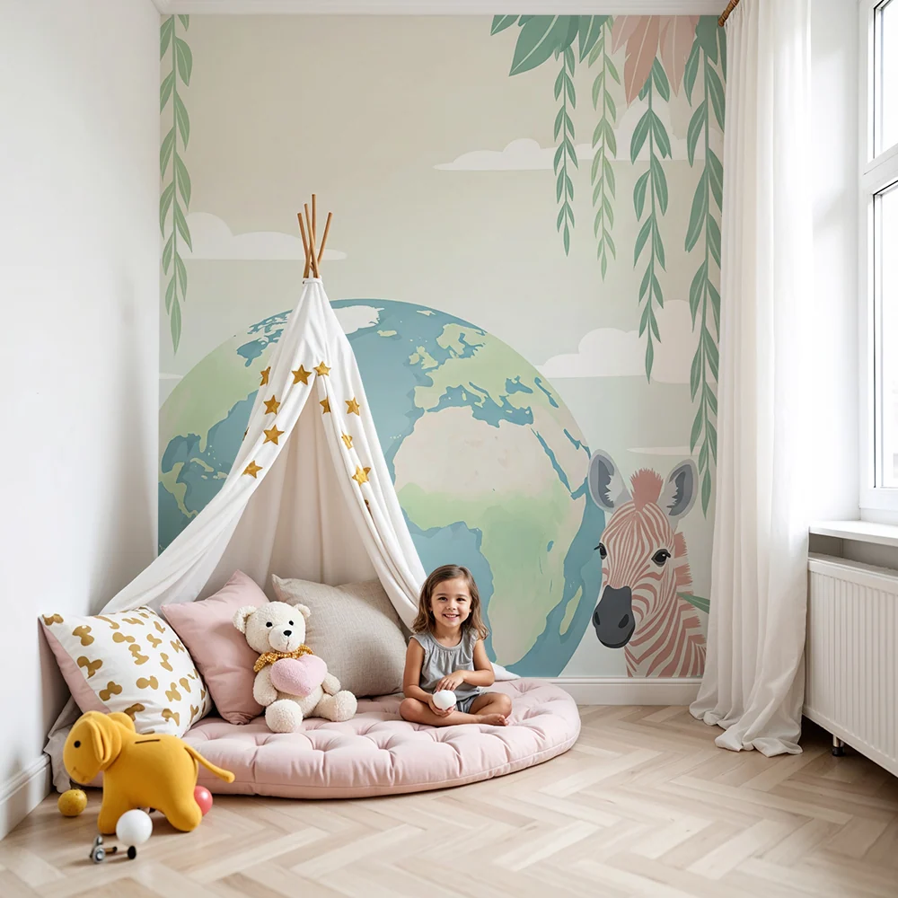Papel de parede crianç | Lume colorat cu o girafă și frunziș tropical