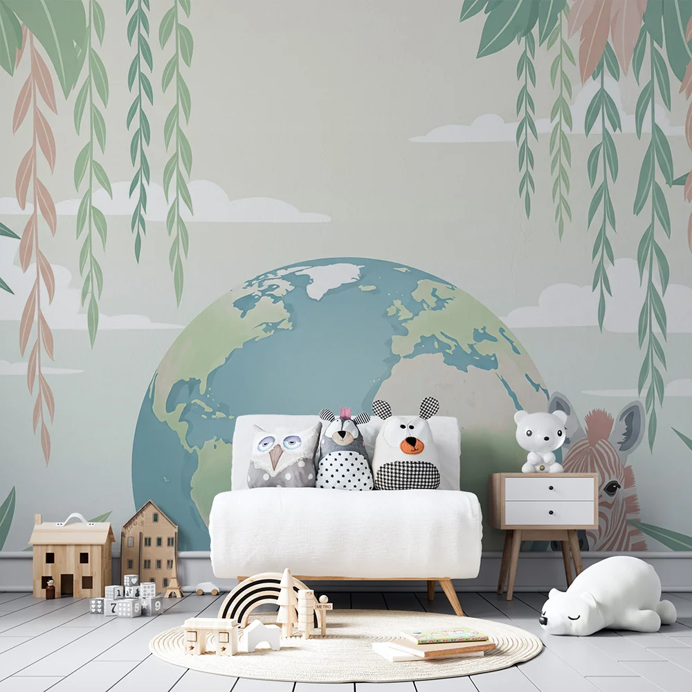 Papel de parede crianç | Lume colorat cu o girafă și frunziș tropical