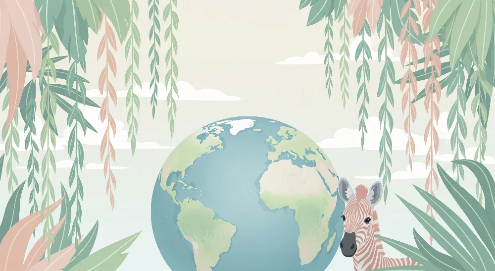 Papel de parede crianç | Lume colorat cu o girafă și frunziș tropical