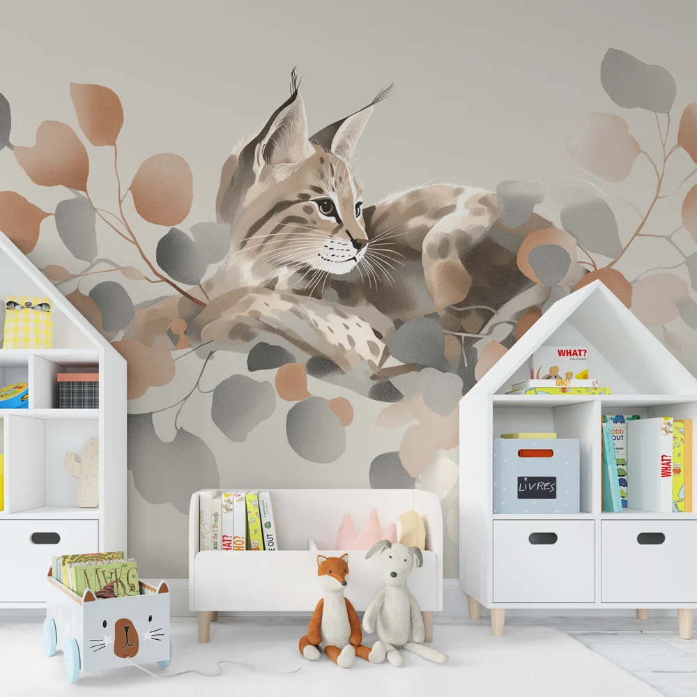 Papel de parede crianç | Lynx elegant printre frunze