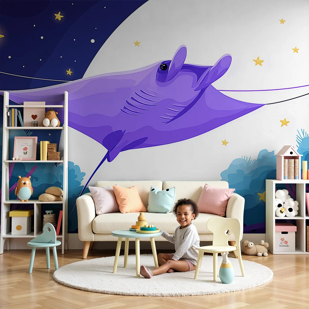 Papel de parede crianç | Manta rai sub un cer înstelat cu corali colorați