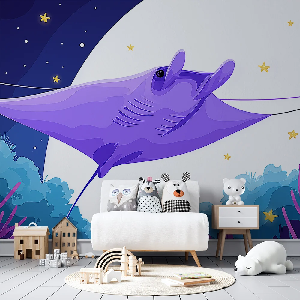 Papel de parede crianç | Manta rai sub un cer înstelat cu corali colorați