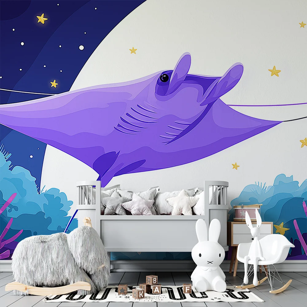 Papel de parede crianç | Manta rai sub un cer înstelat cu corali colorați