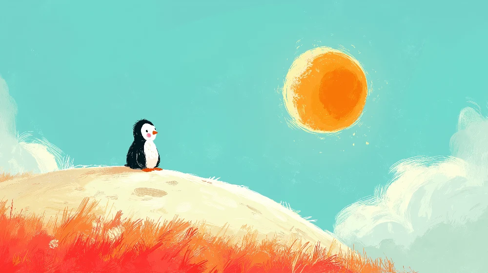 Papel de parede crianç | Micul pinguin pe o colină sub un soare strălucitor