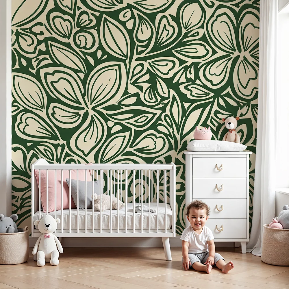 Papel de parede crianç | Motive florale stilizate pe fundal crem și verde