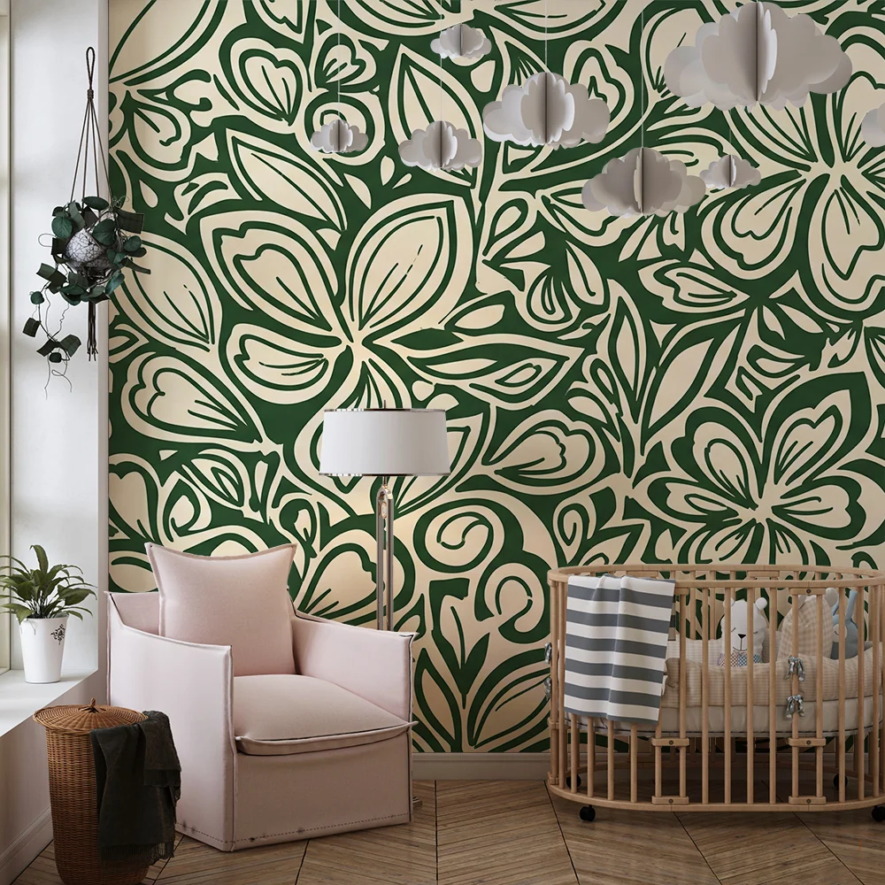 Papel de parede crianç | Motive florale stilizate pe fundal crem și verde