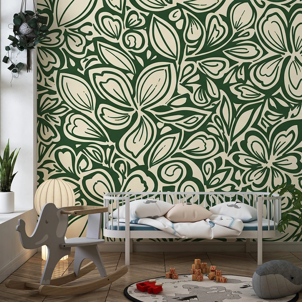 Papel de parede crianç | Motive florale stilizate pe fundal crem și verde