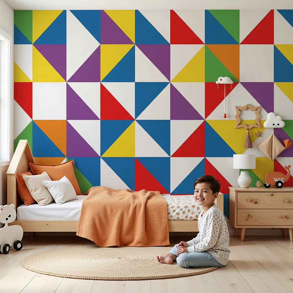 Papel de parede crianç | Motive geometrice colorate cu triunghiuri vii
