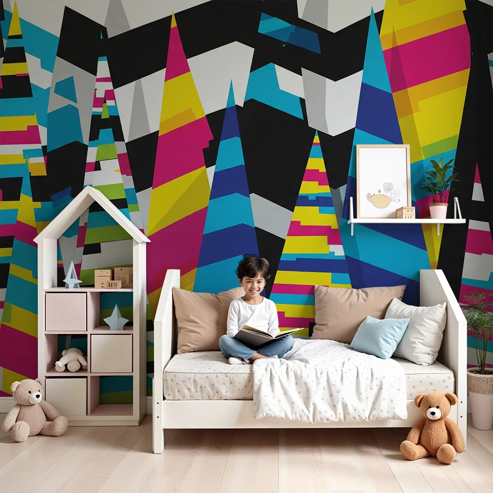 Papel de parede crianç | Munți colorați și modele geometrice vii