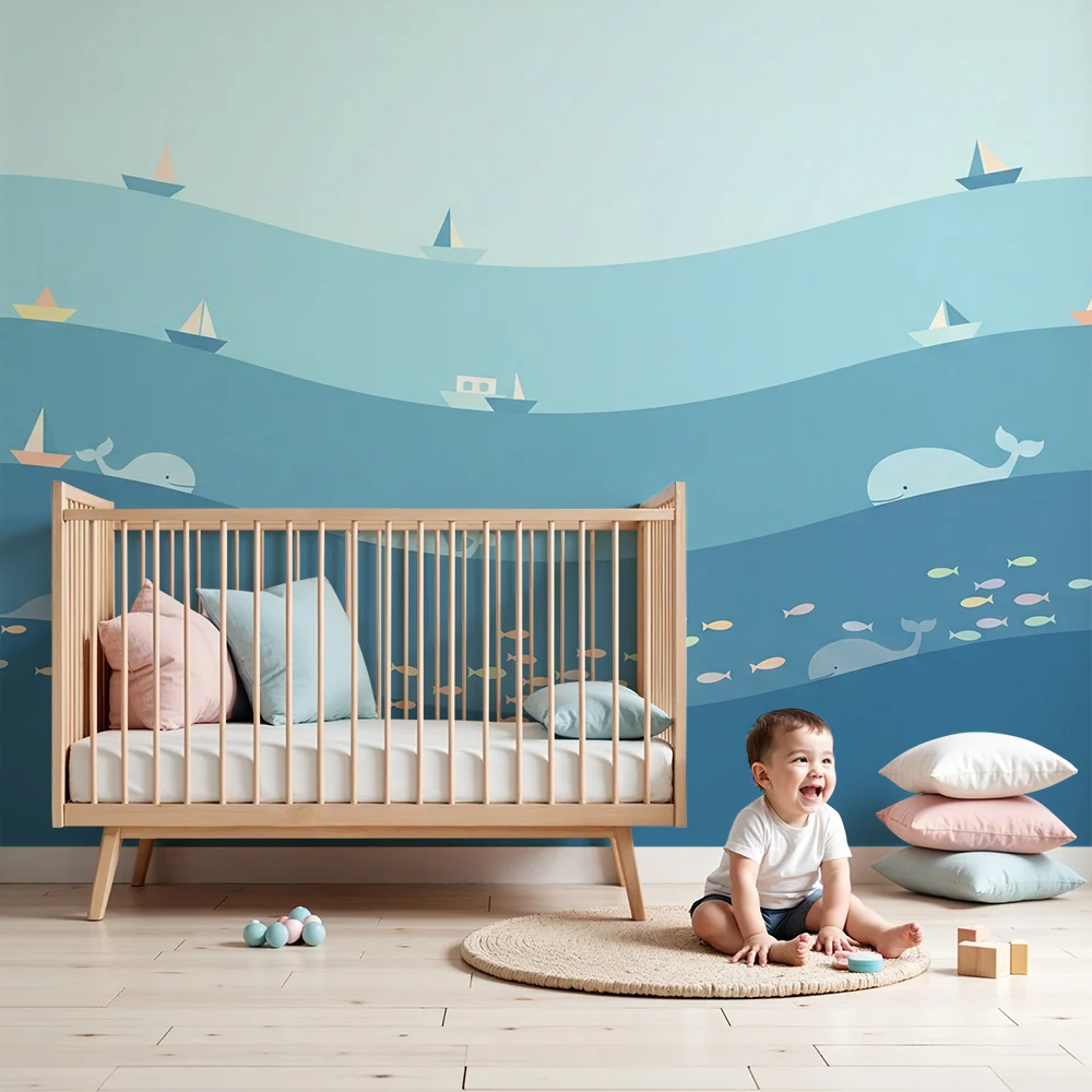Papel de parede crianç | Ocean liniștit cu balene și bărci colorate