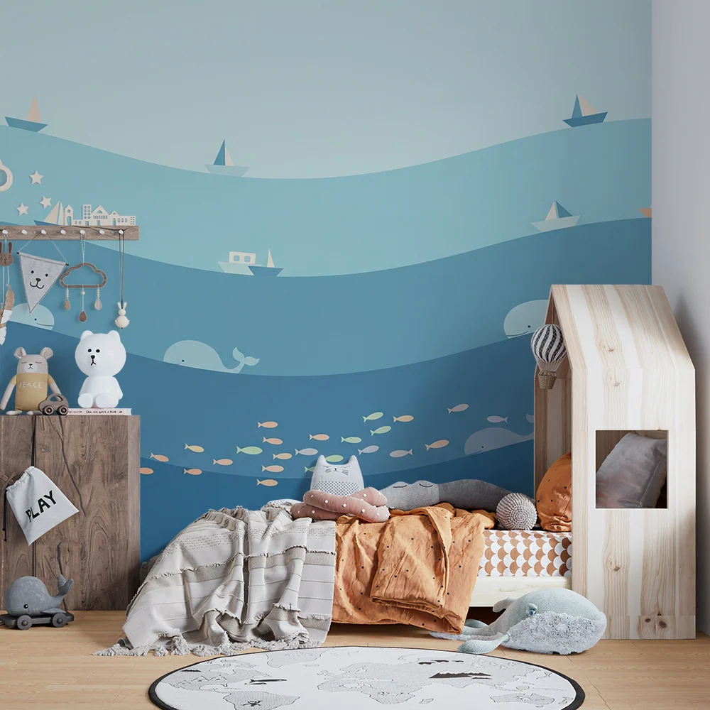 Papel de parede crianç | Ocean liniștit cu balene și bărci colorate