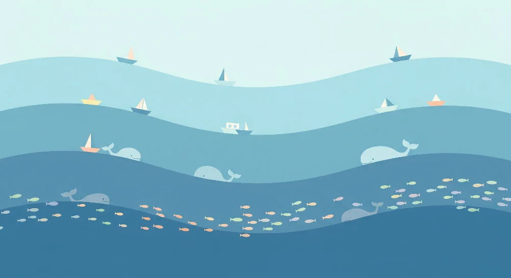 Papel de parede crianç | Ocean liniștit cu balene și bărci colorate