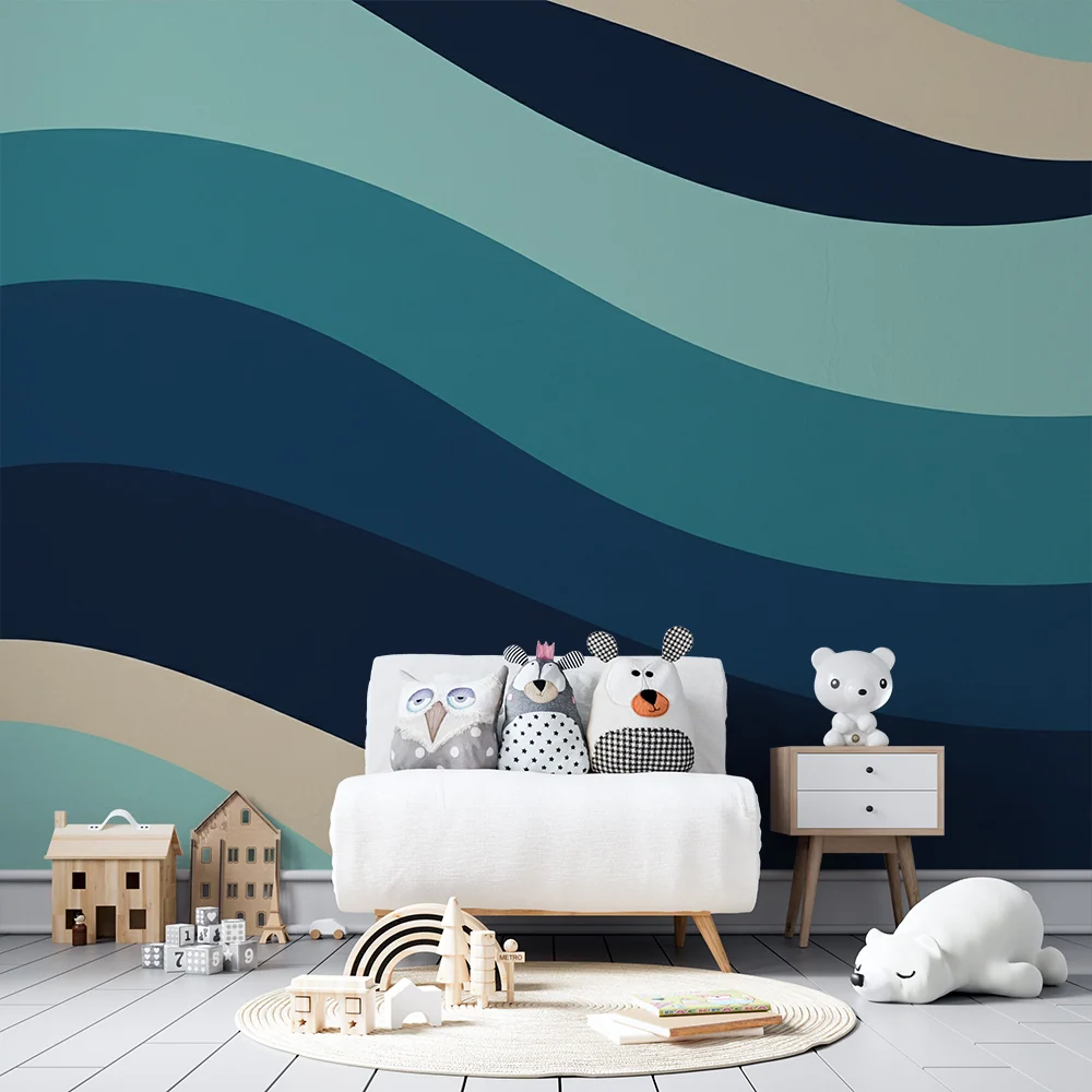 Papel de parede crianç | Ondas estilizadas em tons de azul e bege