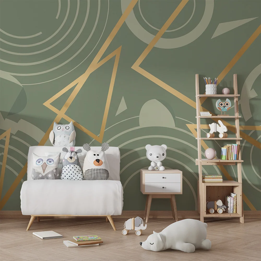 Papel de parede crianç | Padrões geométricos modernos com toques dourados em fundo verde