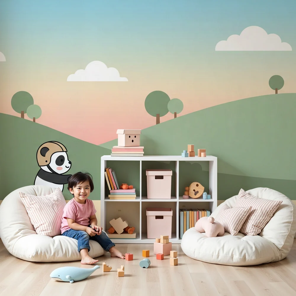 Papel de parede crianç | Panda aventureiro de scooter
