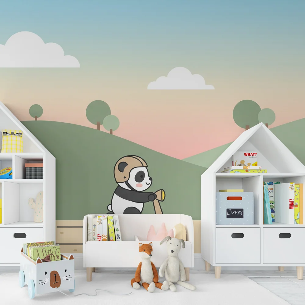 Papel de parede crianç | Panda aventureiro de scooter