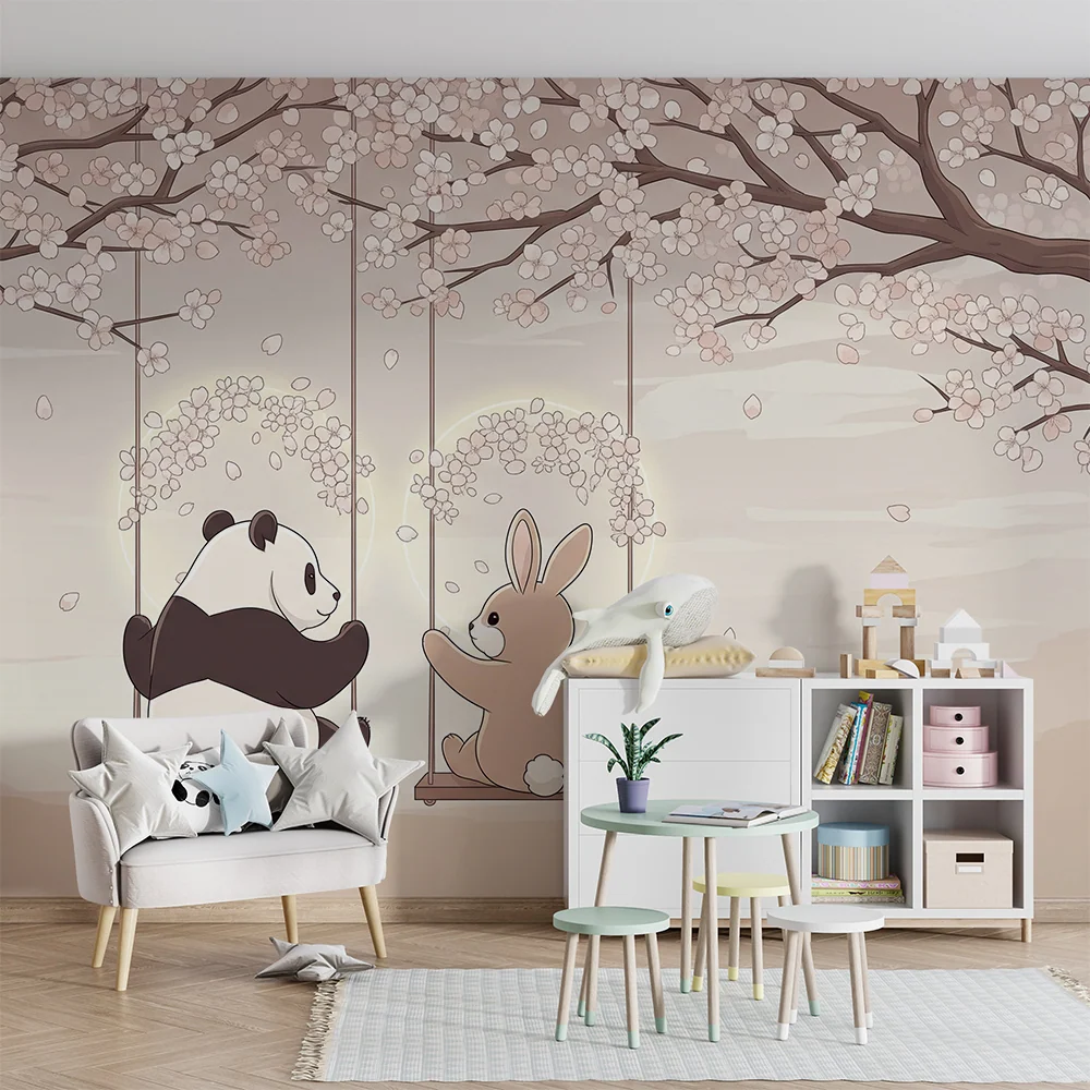 Papel de parede crianç | Panda e coelho em baloiços sob uma cerejeira em flor