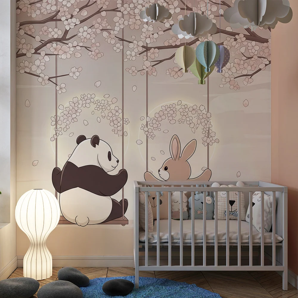 Papel de parede crianç | Panda e coelho em baloiços sob uma cerejeira em flor