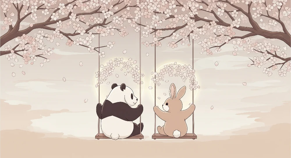 Papel de parede crianç | Panda e coelho em baloiços sob uma cerejeira em flor
