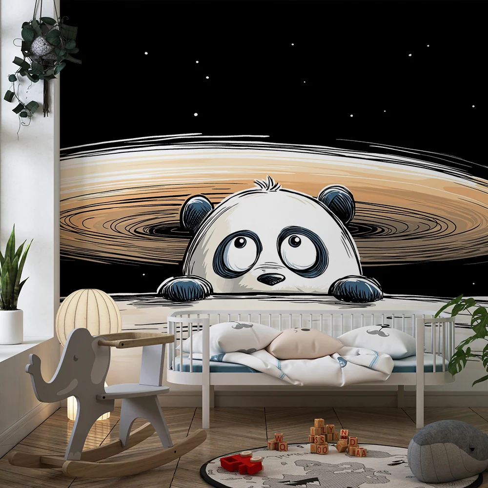 Papel de parede crianç | Panda curioso no espaço com Saturno ao fundo