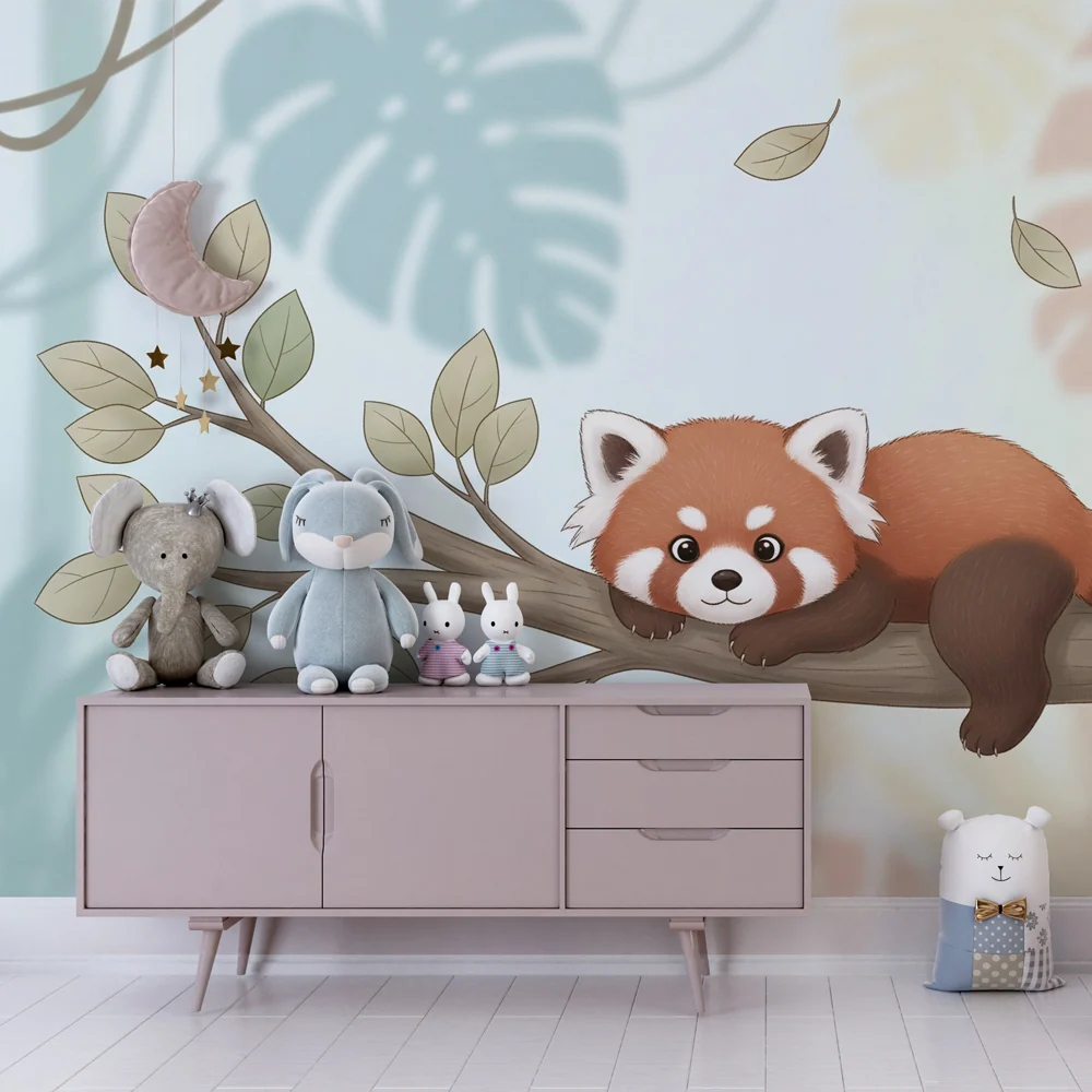 Papel de parede crianç | Panda fofo vermelho em um galho