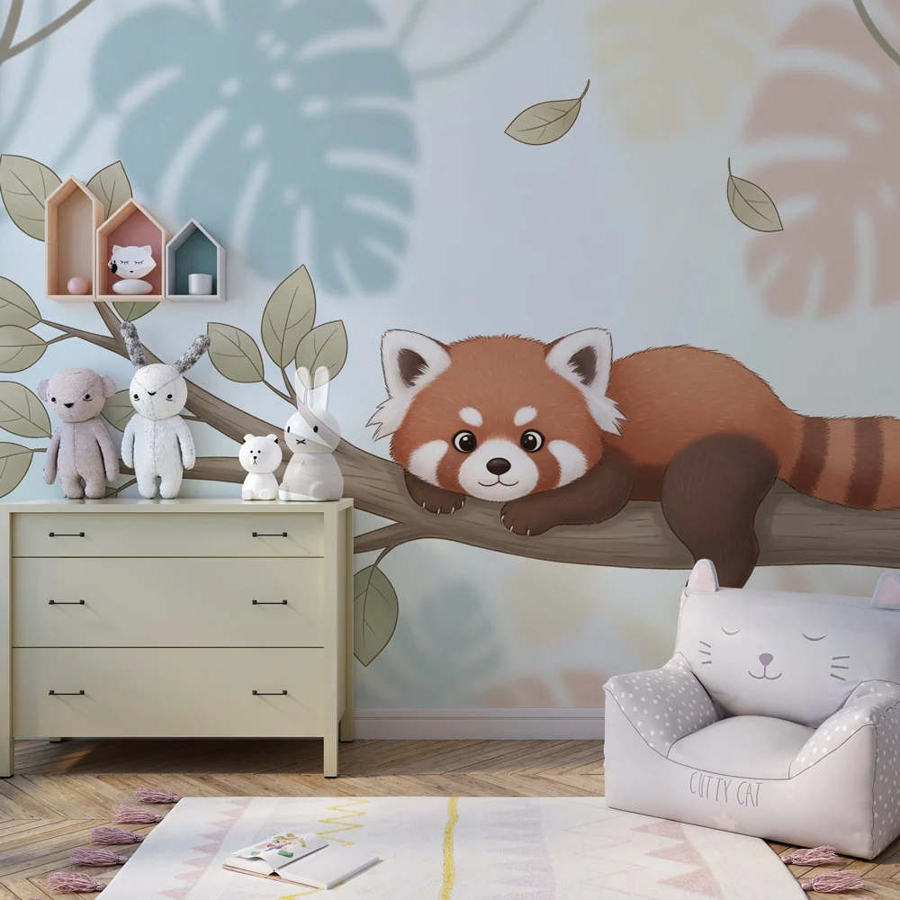 Papel de parede crianç | Panda fofo vermelho em um galho