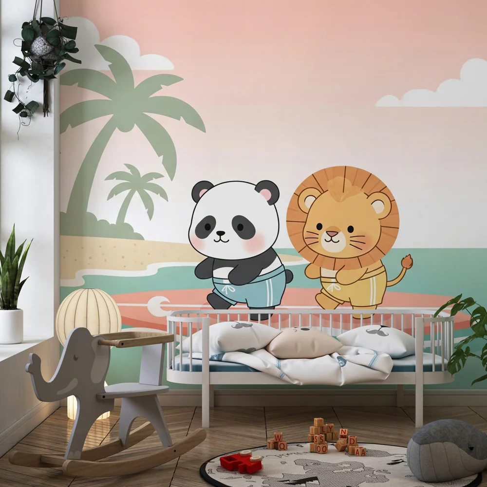 Papel de parede crianç | Panda și leu pe o placă de surf
