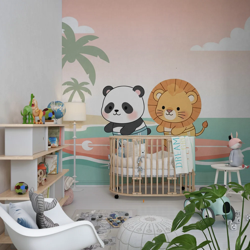 Papel de parede crianç | Panda și leu pe o placă de surf