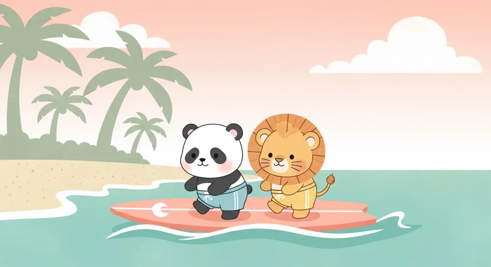 Papel de parede crianç | Panda și leu pe o placă de surf