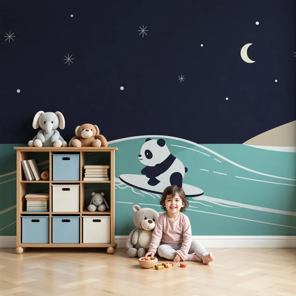 Papel de parede crianç | Panda surfând sub stele