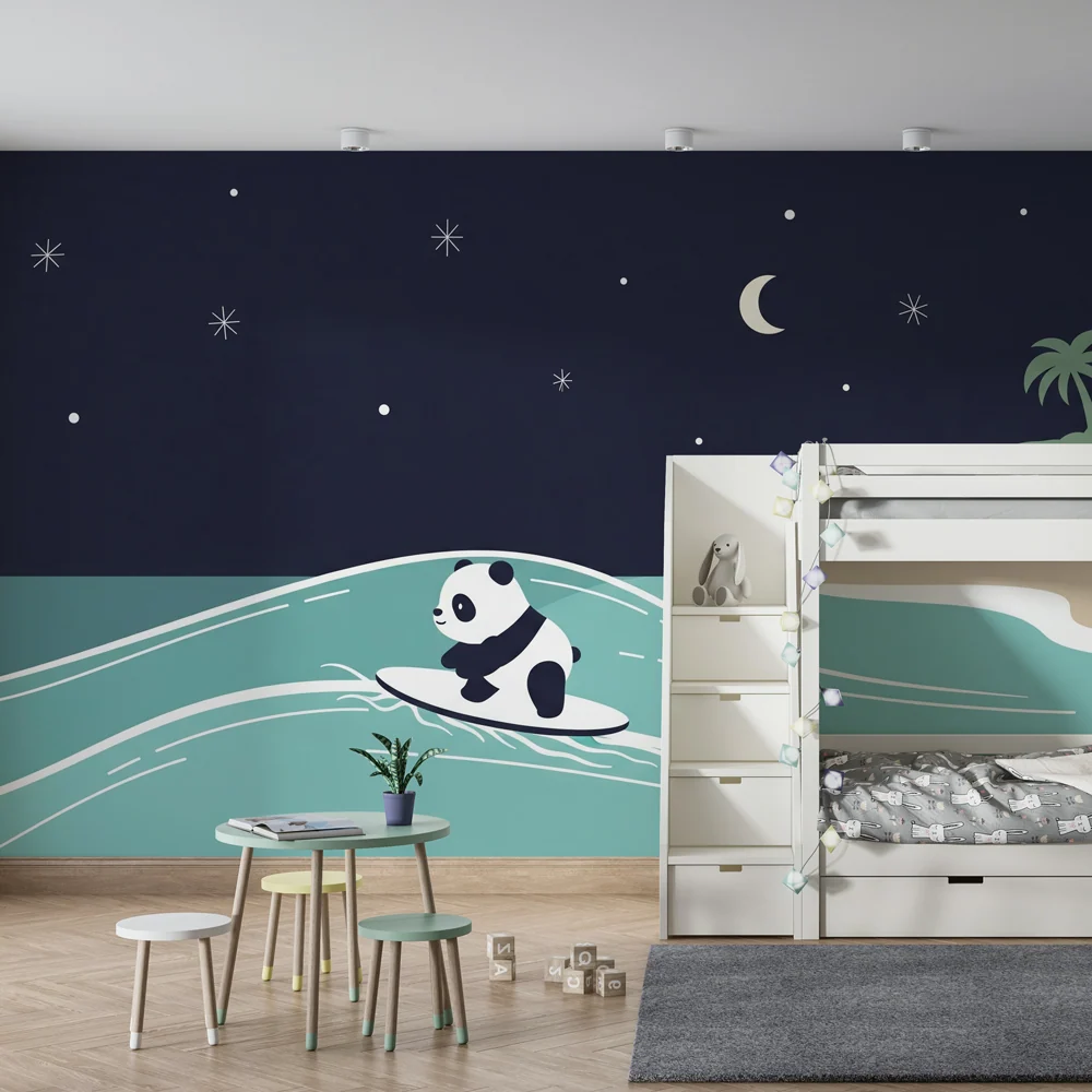 Papel de parede crianç | Panda surfând sub stele